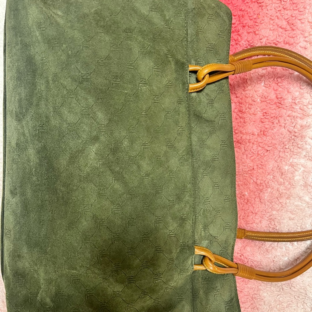 Ralph Lauren Olive Green Suede Tote with Tan Leather Handles - Picture 3 of 7